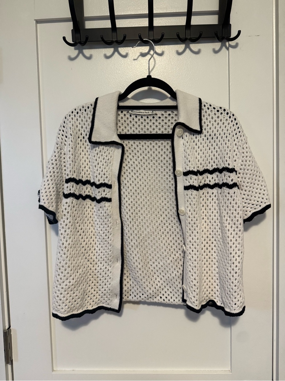 Abercrombie & Fitch White Eyelet Short-Sleeve Cardigan with Black Trim